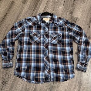 🩵Wrangler Navy and Brown Plaid Shirt Western Core Grunge Revival Americana